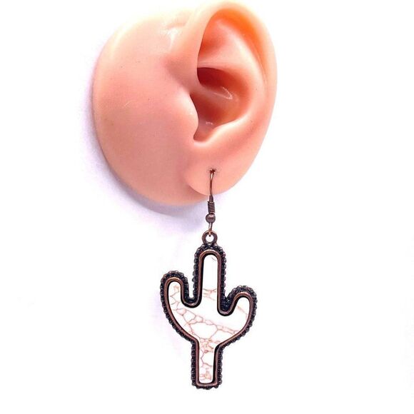 Copper with White Turquoise Boho Southwestern Cactus Hook Earrings - Picture 6 of 6